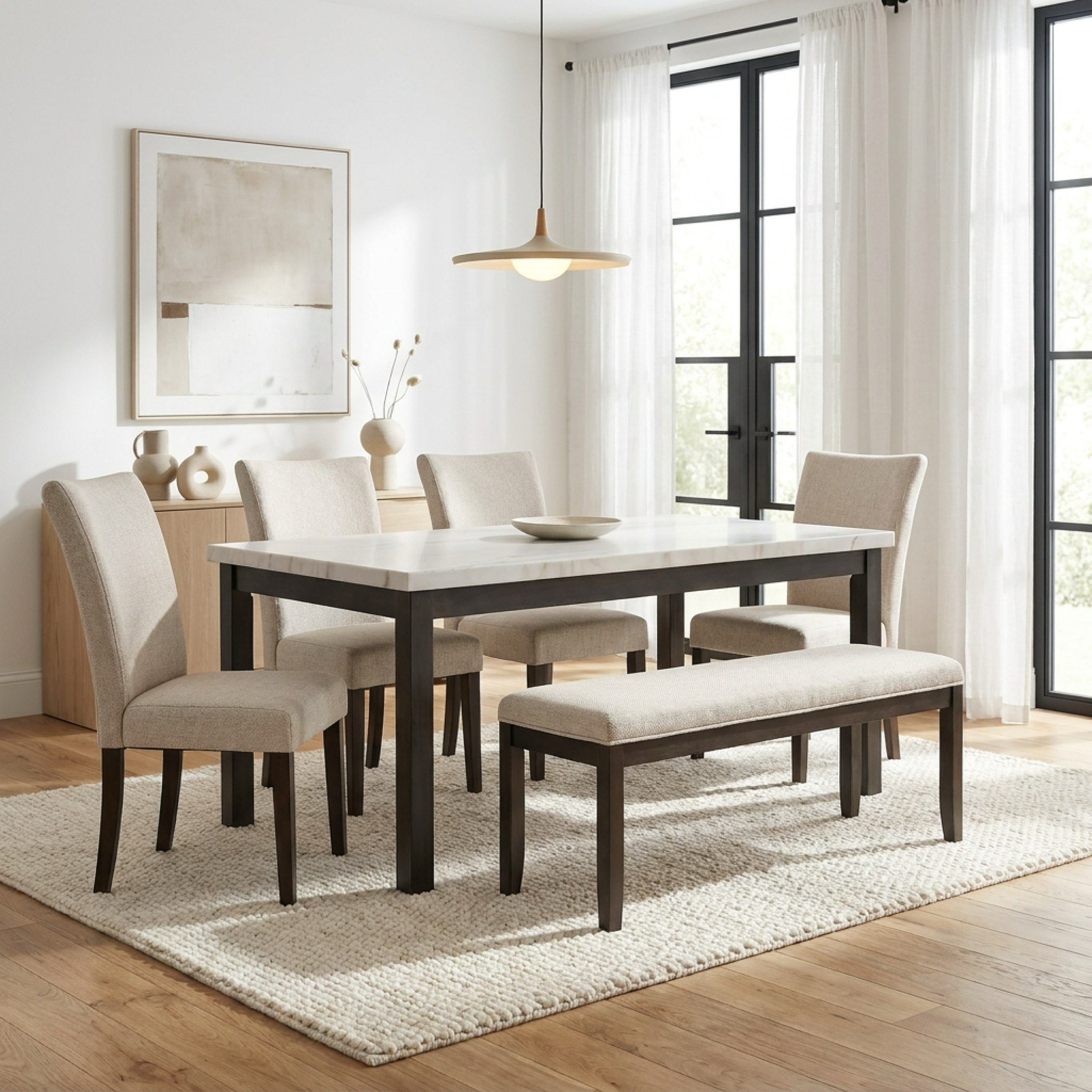 Orlando 6-Seater Genuine Marble Top Dining Set with Bench and Sideboard-hbxfurniture-diningtablesandsets-diningsets-sixseater-image-2