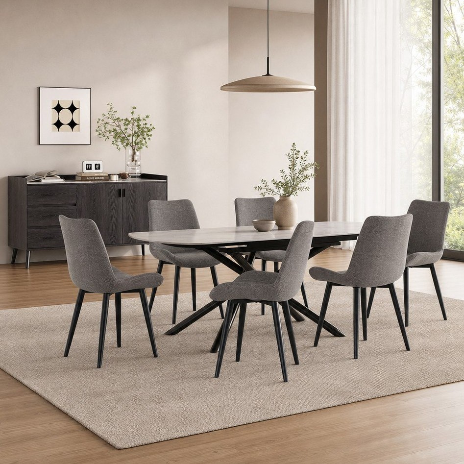 طقم سفرة بسطح حجر ملبد قابل للتمديد 6 مقاعد مع خزانة جانبية مارويل 1.5 متر من ماندي روما-hbxfurniture-diningtablesandsets-diningsets-sixseater-image-1