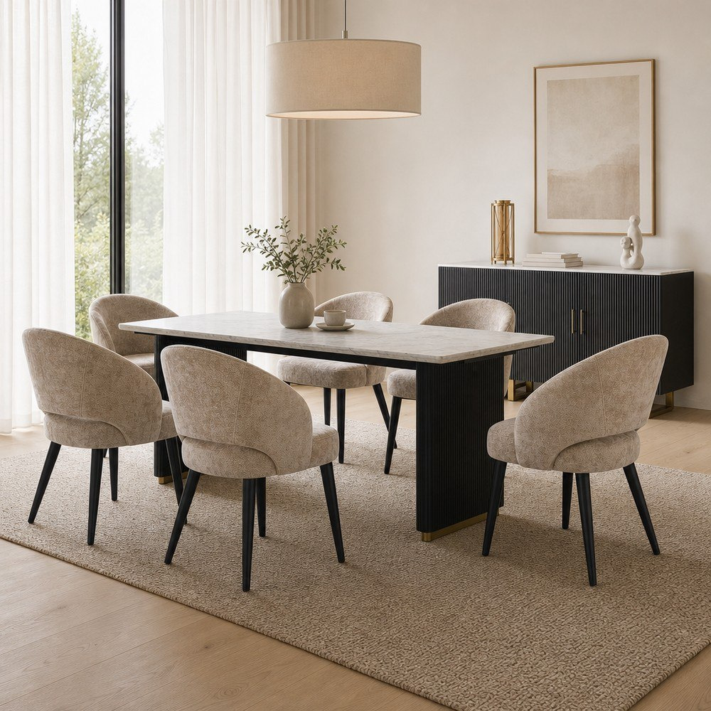 طقم سفرة 6 مقاعد بسطح رخام طبيعي مع خزانة جانبية من كافون فابيو ويلز-hbxfurniture-diningtablesandsets-diningsets-sixseater-image-1