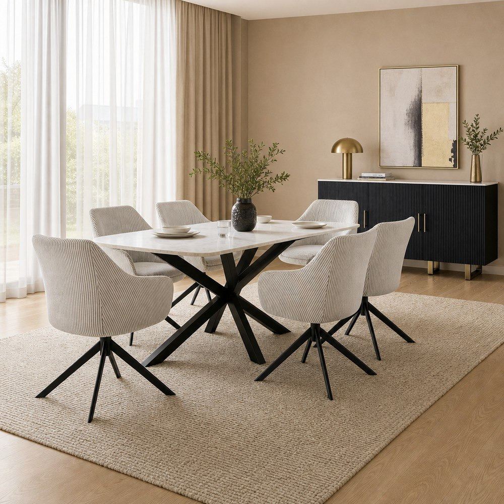 طقم طاولة سفرة بسطح من الرخام الطبيعي لـ6 مقاعد مع خزانة جانبية من كافون بورتولا وينشستر-hbxfurniture-diningtablesandsets-diningsets-sixseater-image-1