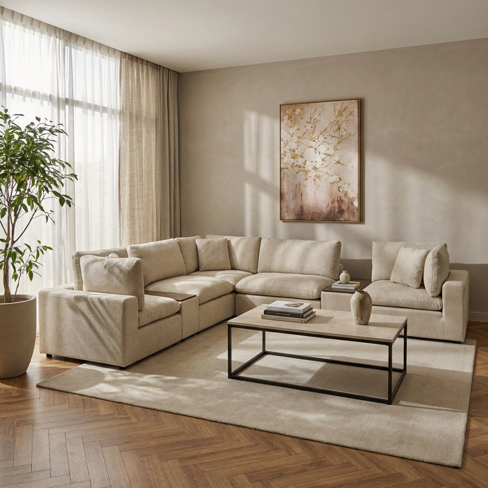 باقة وحدة كنبة 4 مقاعد - 3 كنبة ركنية، 2 كرسي بدون ذراعين، 2 طاولة كونسول-hbxlivingroom-sofasandarmchairs-sofasetspackage-image-1