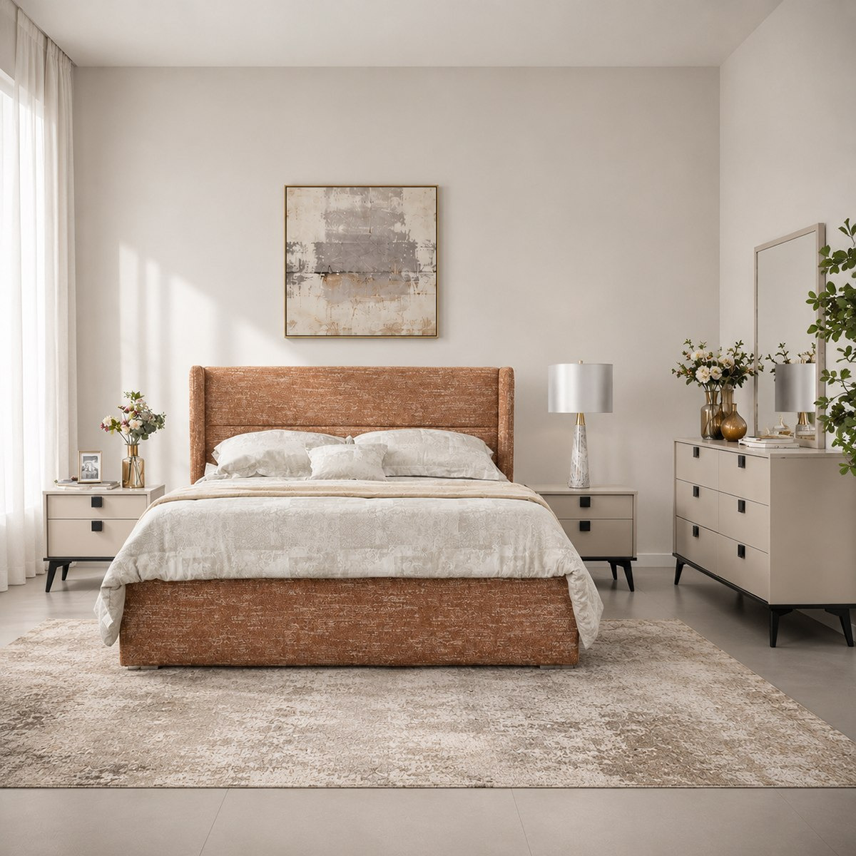 Orro Ray Wing Smart Hydraulic Upholstered 5-Piece Queen Bedroom Set - 160x200 cm-hbxfurniture-bedsandbedsets-bedroomsets-queen-image-1
