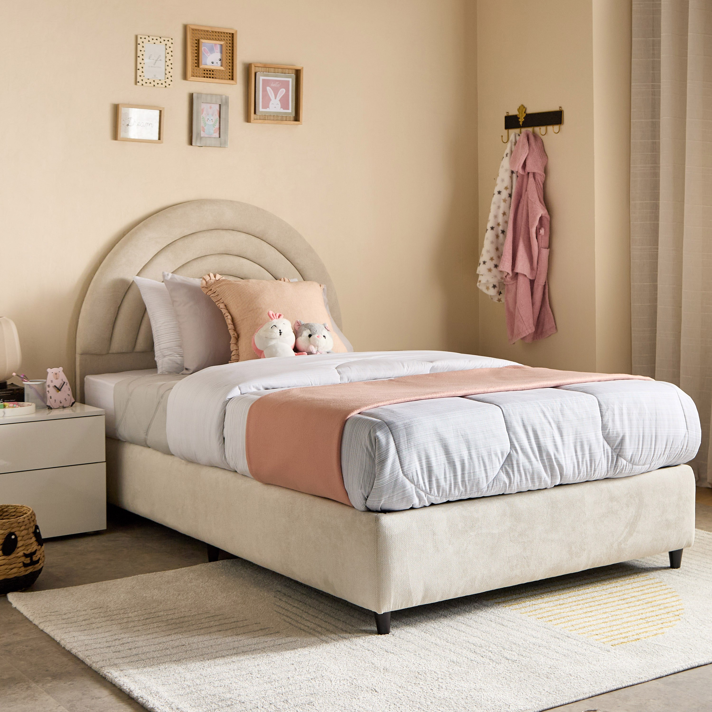 Ivory Crescent Upholstered Single Bed - 90x200 cm-hbxkidsandyouth-bedsandbedsets-beds-single-image-1