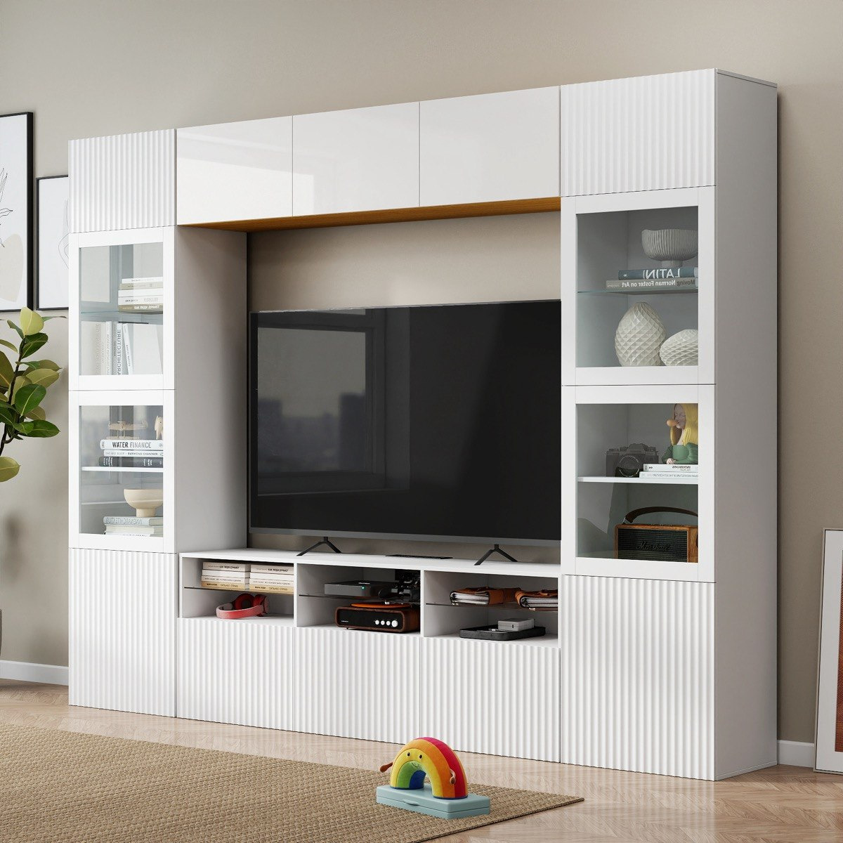 Riva Arena 4-Piece High Media Unit with 2.3 Metre Tall Display Cabinet and Glass Door Wall Unit-hbxlivingroom-mediaunitsandstorage-tvunits-image-1