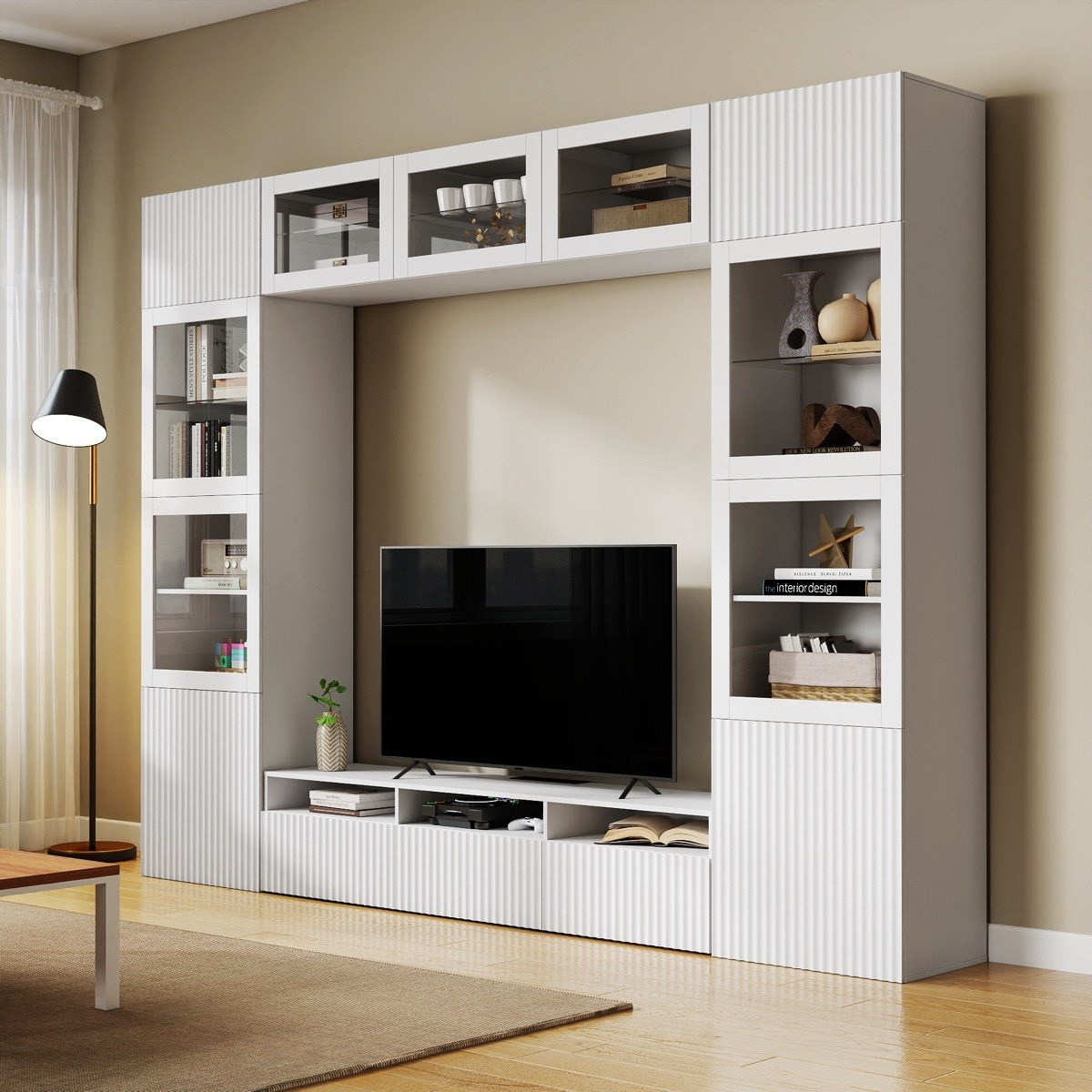 Riva 4-Piece Media Unit with 2.3 Meter Tall Display Storage Cabinet and Glass Door Wall Unit-hbxlivingroom-mediaunitsandstorage-tvunits-image-1