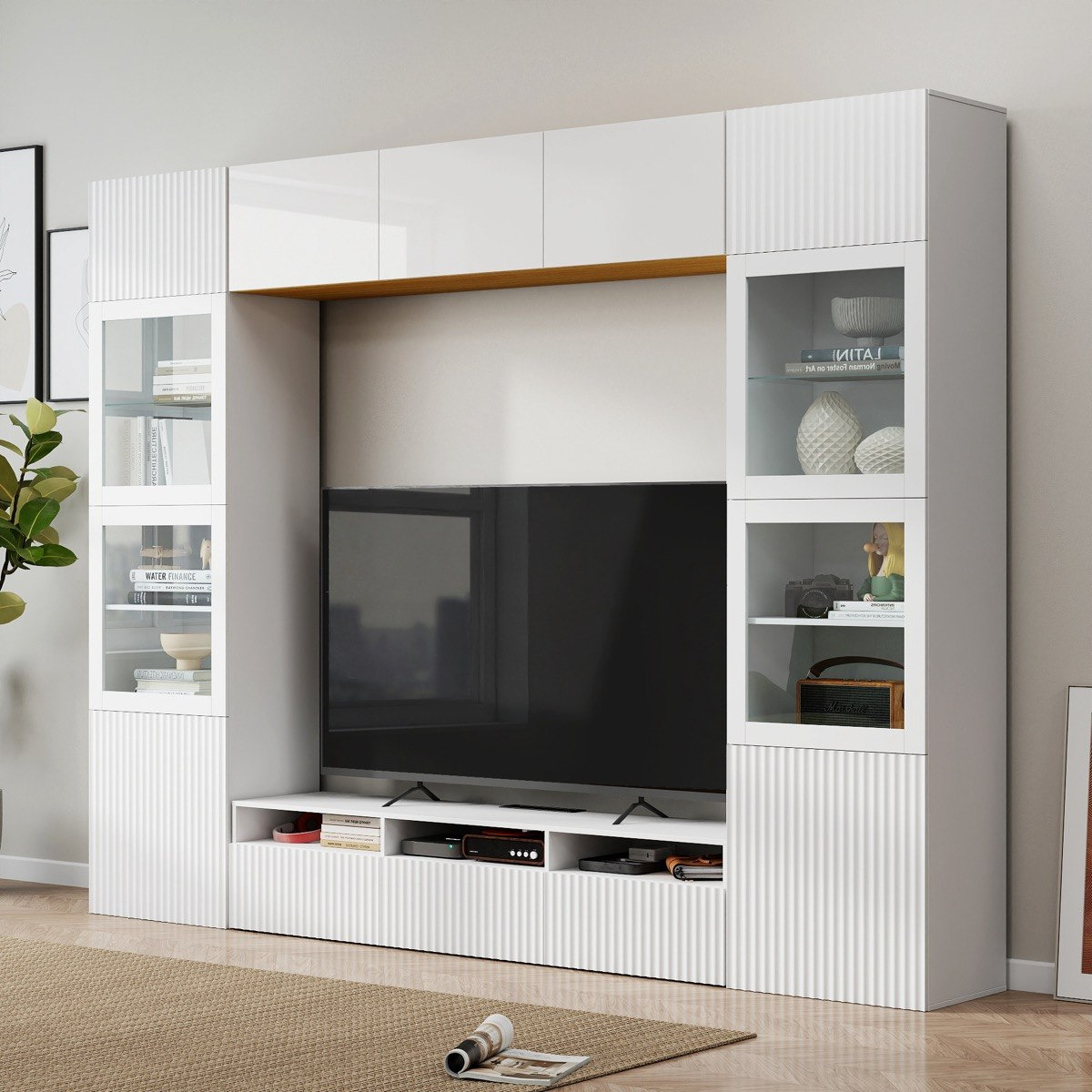 Riva 4-Piece Media Unit with 2.3 Meter Tall Display Storage Cabinet and Wall Unit-hbxlivingroom-mediaunitsandstorage-tvunits-image-1