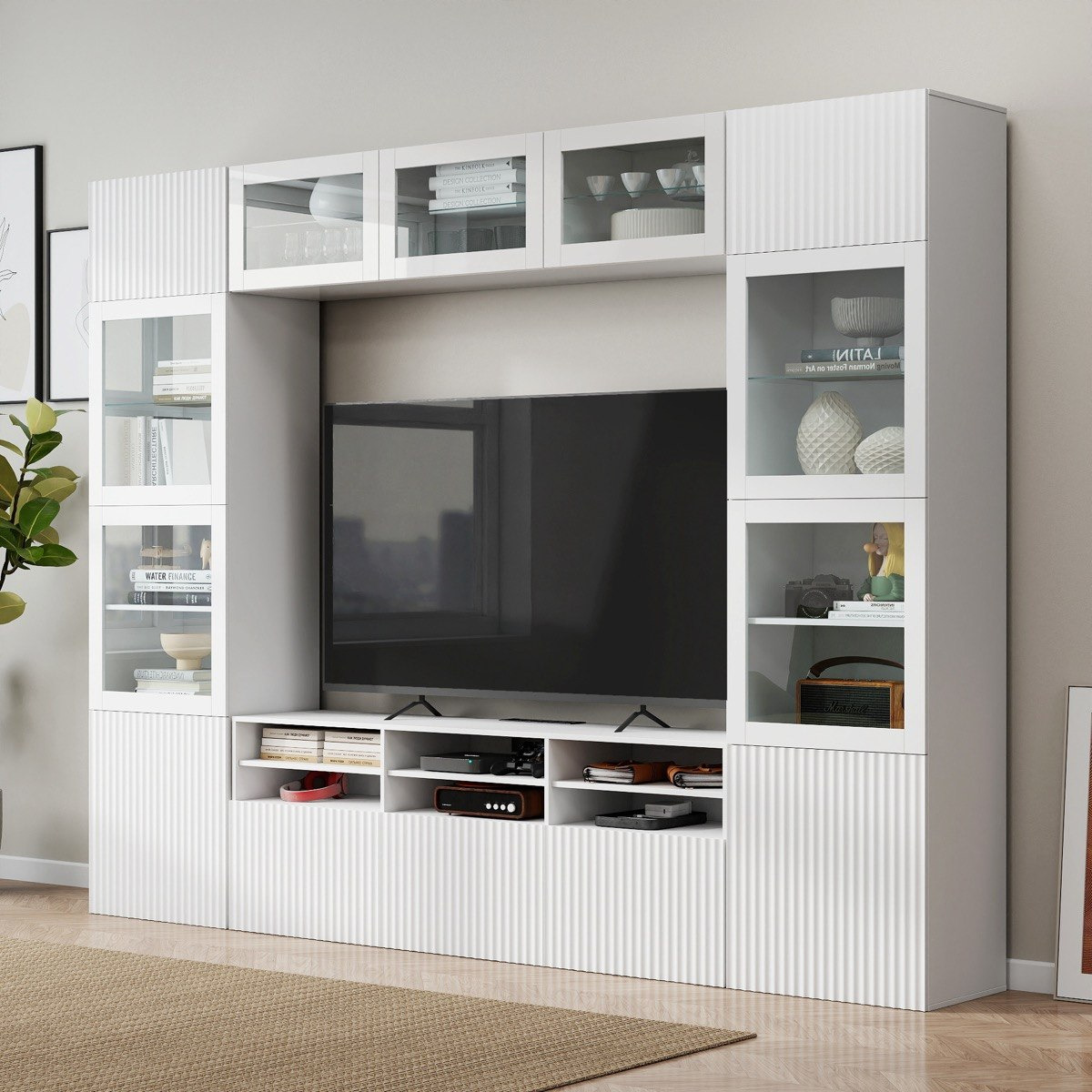 Riva Emma 4-Piece High Media Unit with 2.3 Metre Tall Display Cabinet and Glass Door Wall Unit-hbxlivingroom-mediaunitsandstorage-tvunits-image-1