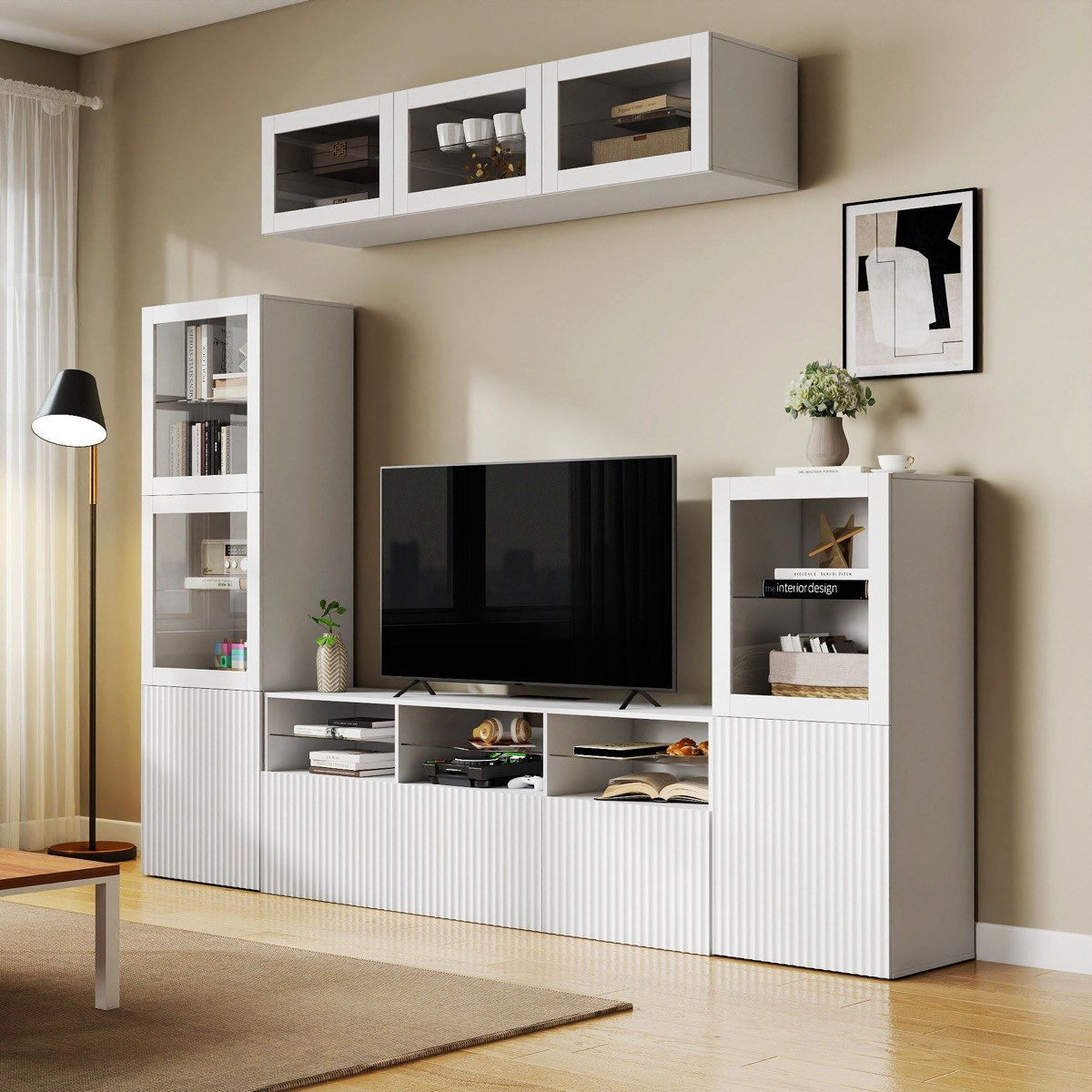 Riva Arena 4-Piece High Media Unit with 1.9 and 1.3 Meter Tall Display Cabinet and Glass Door Unit-hbxlivingroom-mediaunitsandstorage-tvunits-image-1