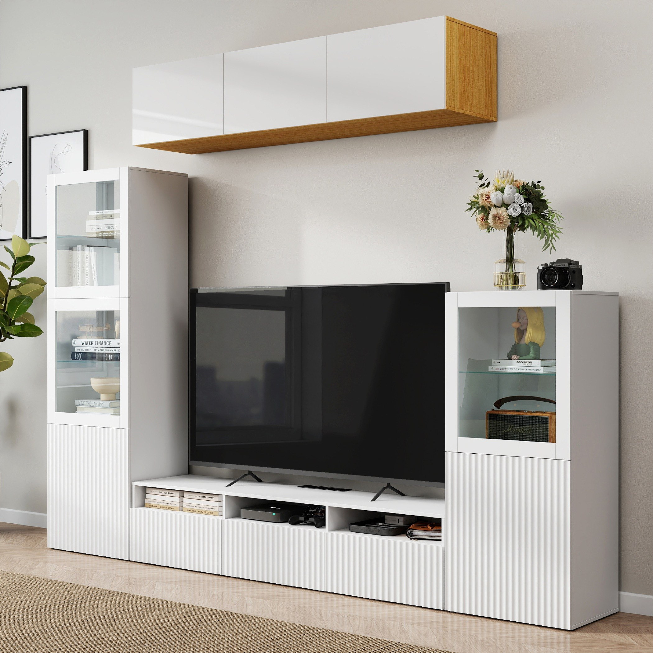 Riva 4-Piece Media Unit with 1.9 and 1.3 Meter Tall Display Cabinet and Wall Mounted Unit-hbxlivingroom-mediaunitsandstorage-tvunits-image-1