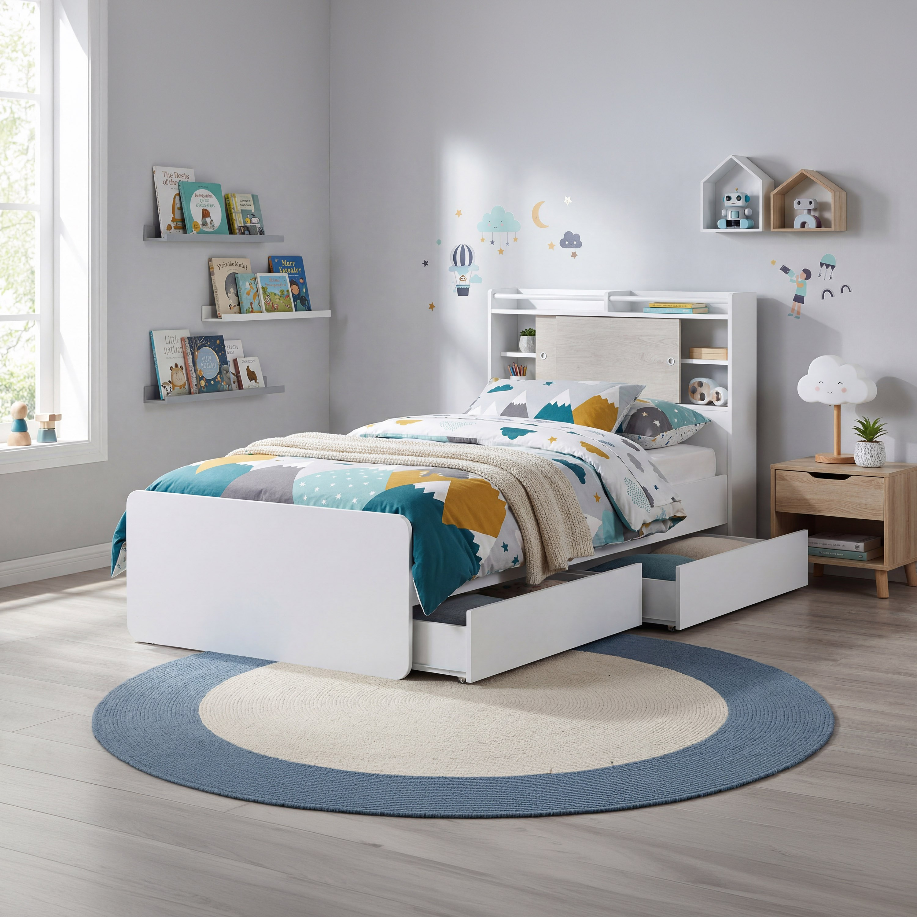 Ivory Single Bed with Sliding Storage Headboard and 2 Storage Drawer Boxes - 90x200 cm-hbxbedroom-bedsandbedsets-bedroompackages-image-1