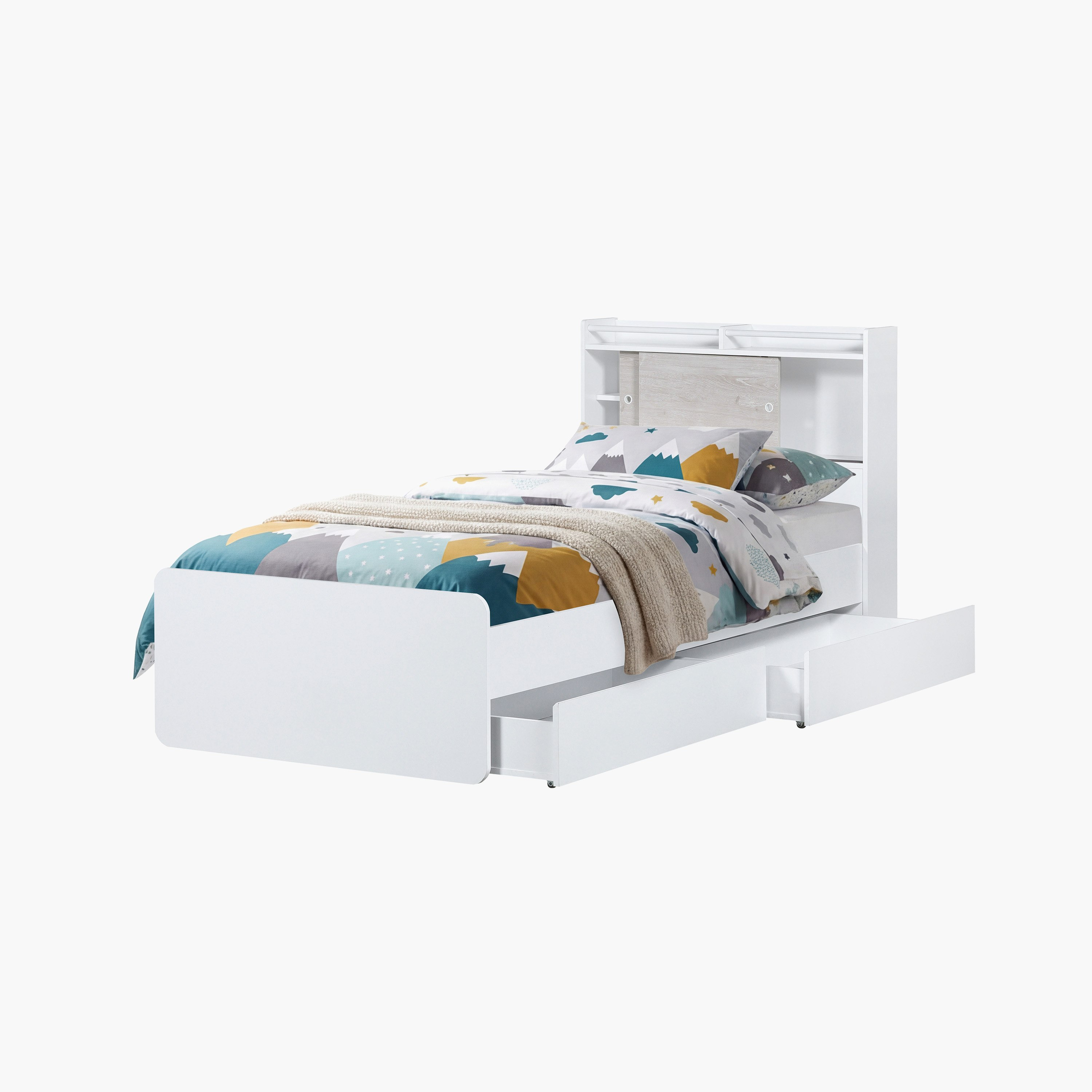 Ivory Single Bed with Sliding Storage Headboard and 2 Storage Drawer Boxes - 90x200 cm-hbxbedroom-bedsandbedsets-bedroompackages-image-5