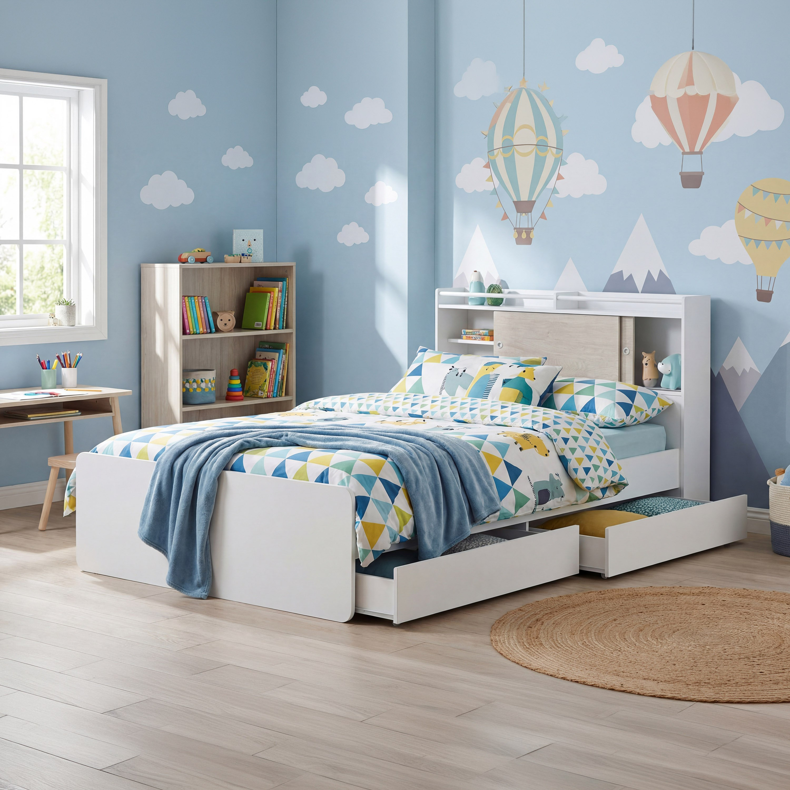 Ivory Twin Bed with Sliding Storage Headboard and 2 Storage Drawer Boxes - 120x200 cm-hbxfurniture-kidsroom-kidsroomsets-twin-image-1