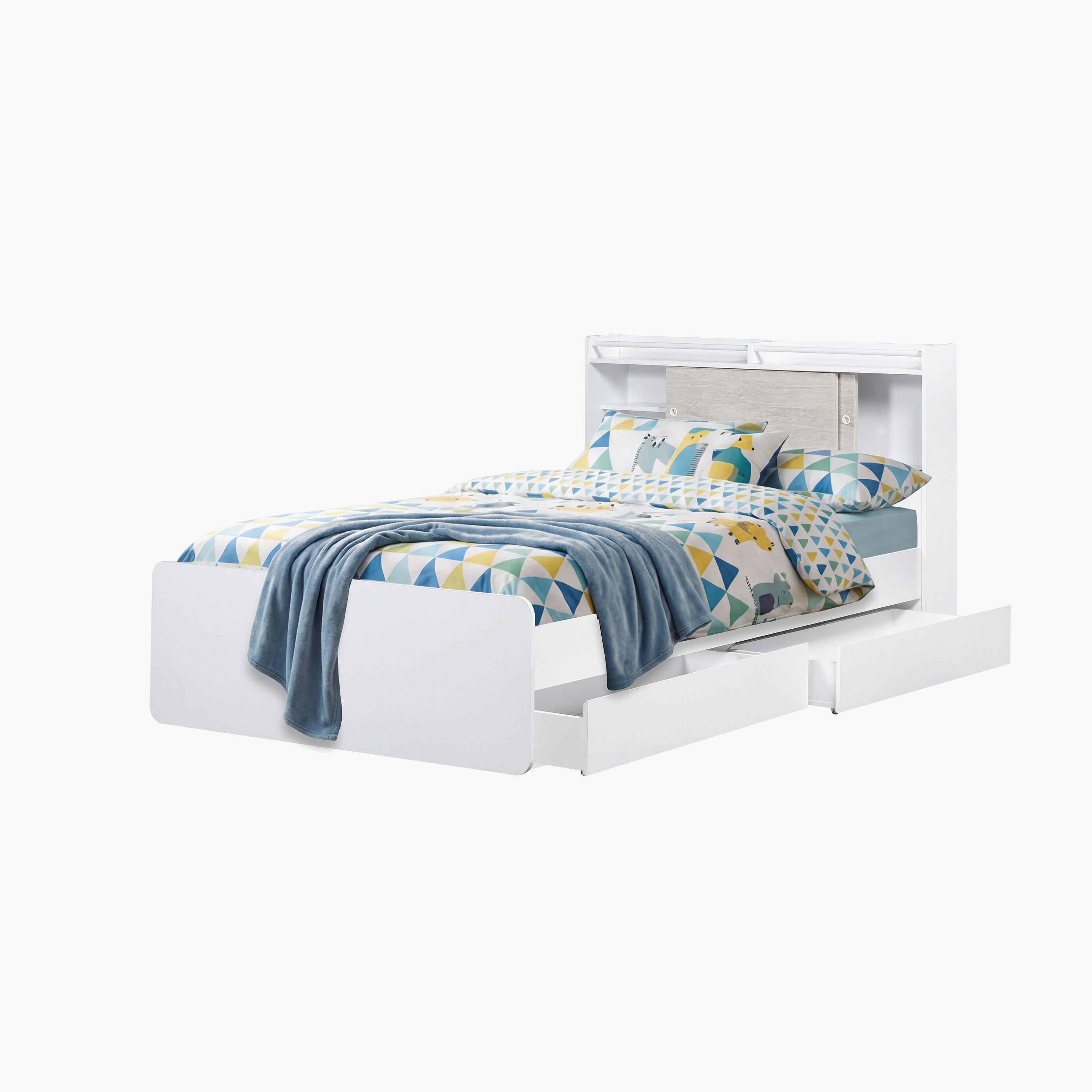 Ivory Twin Bed with Sliding Storage Headboard and 2 Storage Drawer Boxes - 120x200 cm-hbxfurniture-kidsroom-kidsroomsets-twin-image-4