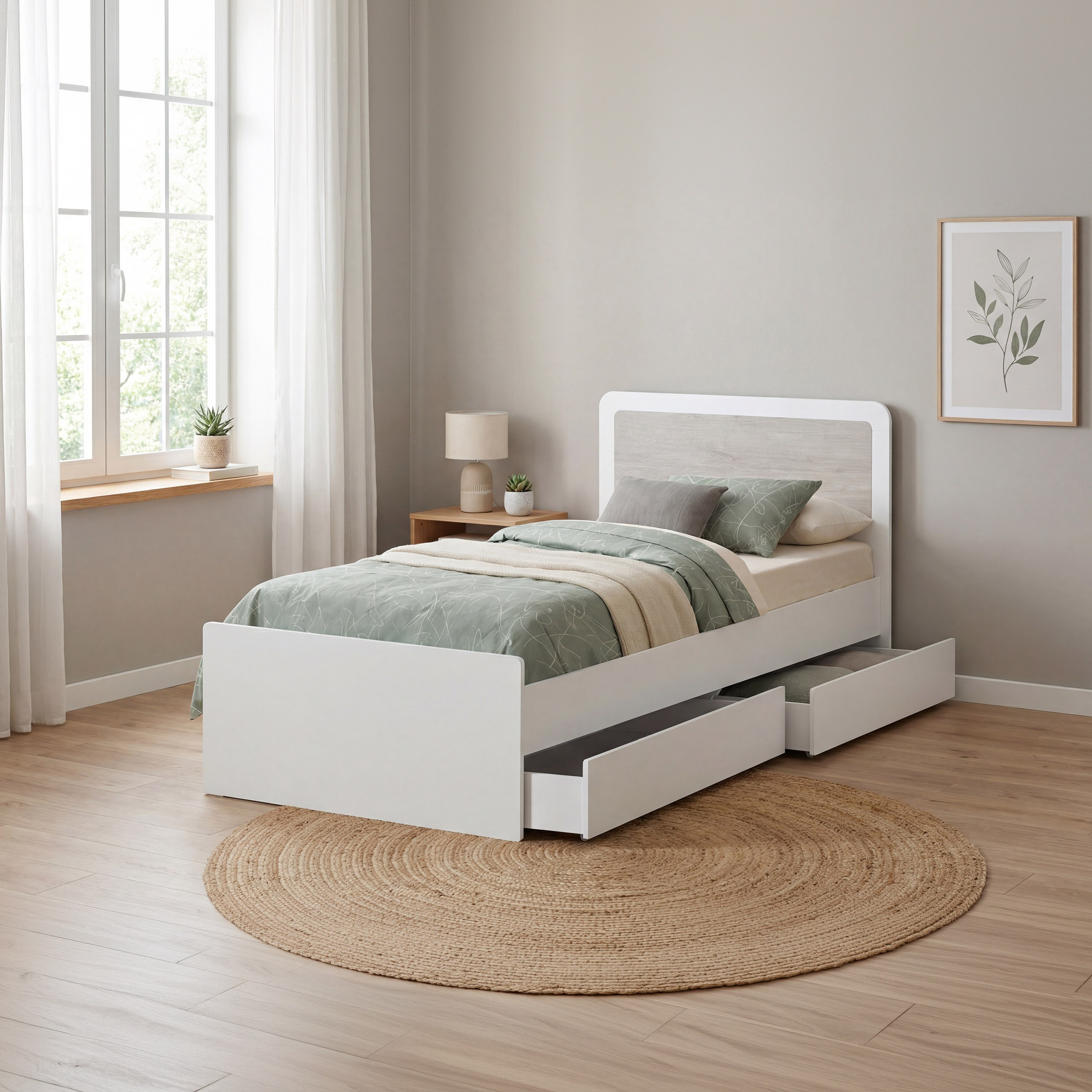 Ivory Single Bed with 2 Storage Drawer Boxes - 90x200 cm-hbxbedroom-bedsandbedsets-bedroompackages-image-1
