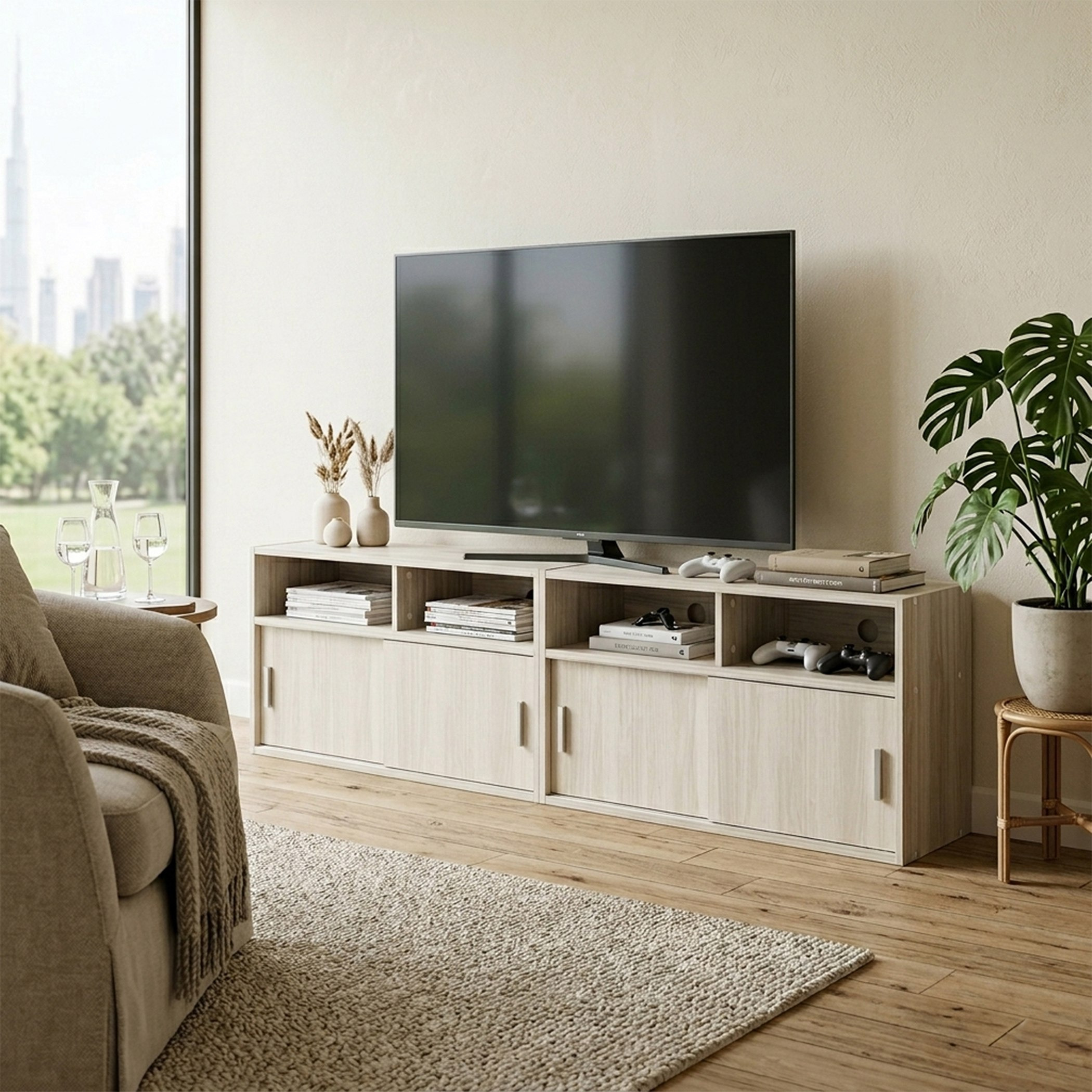 Movo-Libra 2-Piece 2 Door Sliding Low TV Unit for TVs upto 50 Inches-hbxlivingroom-mediaunitsandstorage-tvunits-image-1