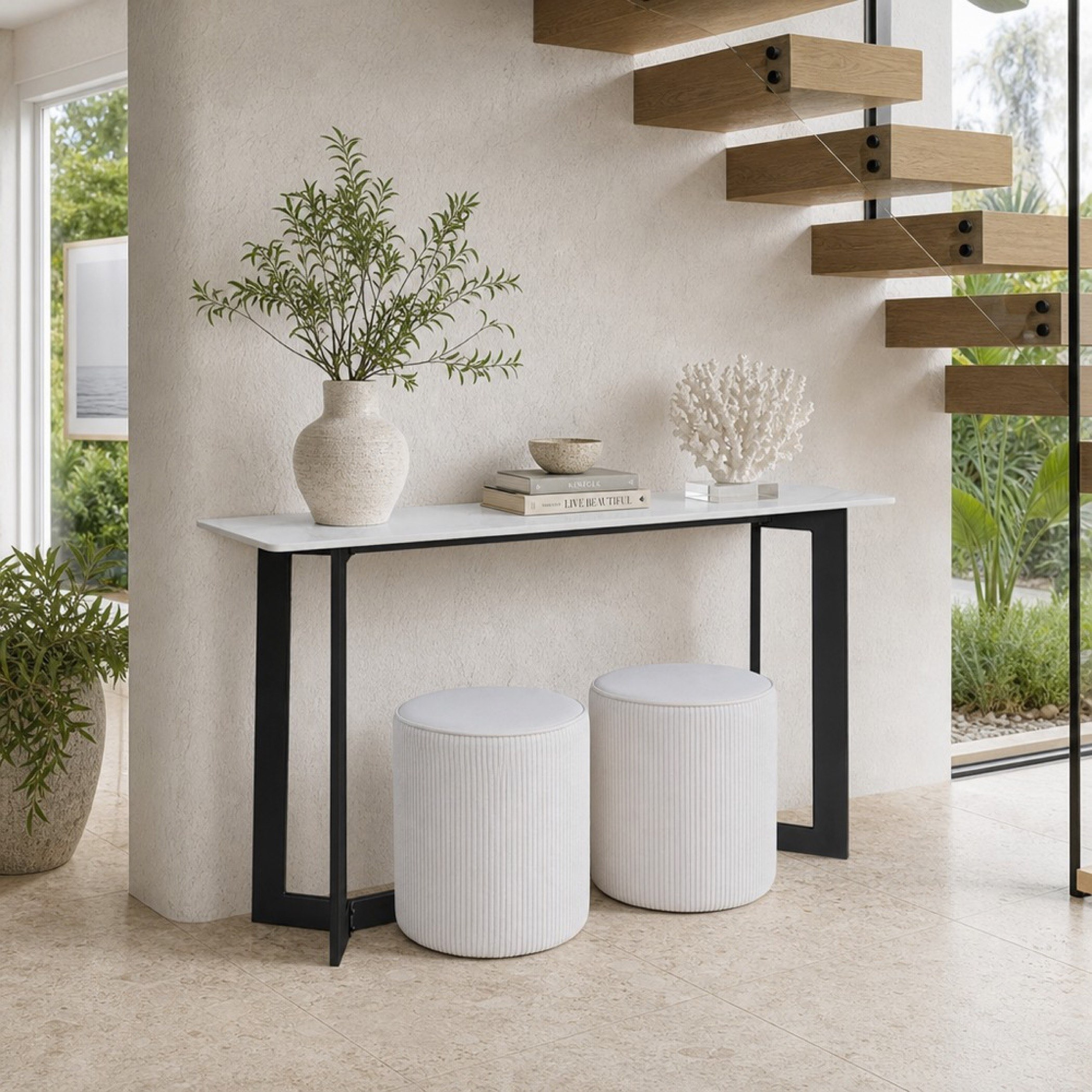Crompton Copen Sintered Stone Top Console with 2 Ottomans-hbxfurniture-tablesandstands-consoletables-image-1