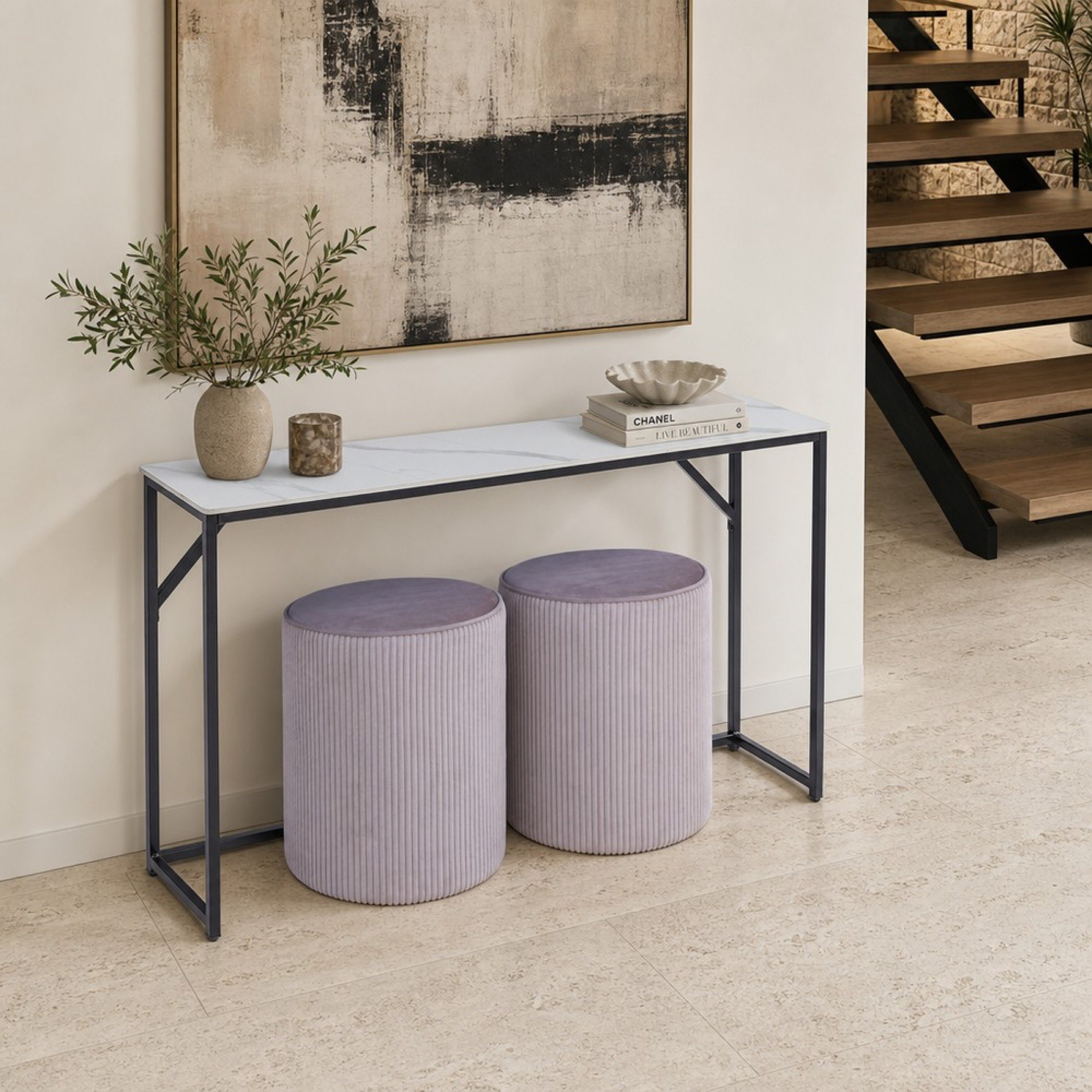 Crompton Copen Sintered Stone Top Console with 2 Ottomans-hbxfurniture-tablesandstands-consoletables-image-1