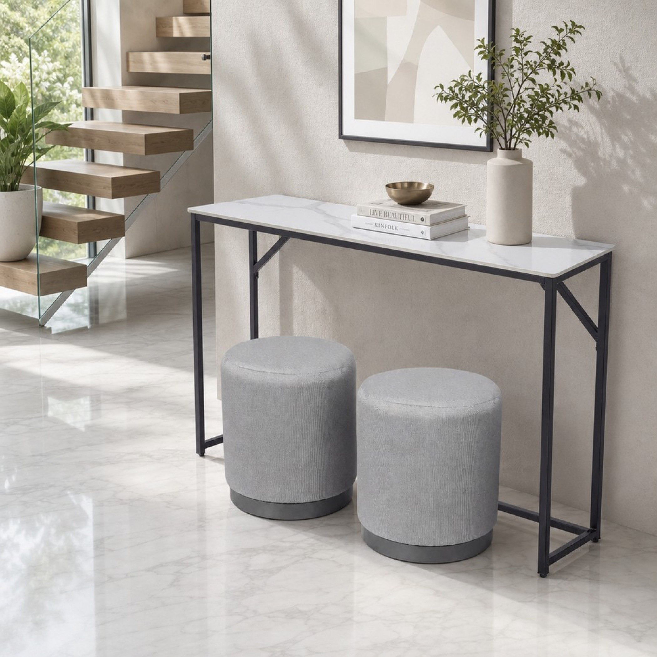 Crompton Kiva Sintered Stone Top Console with 2 Ottomans-hbxfurniture-tablesandstands-consoletables-image-1