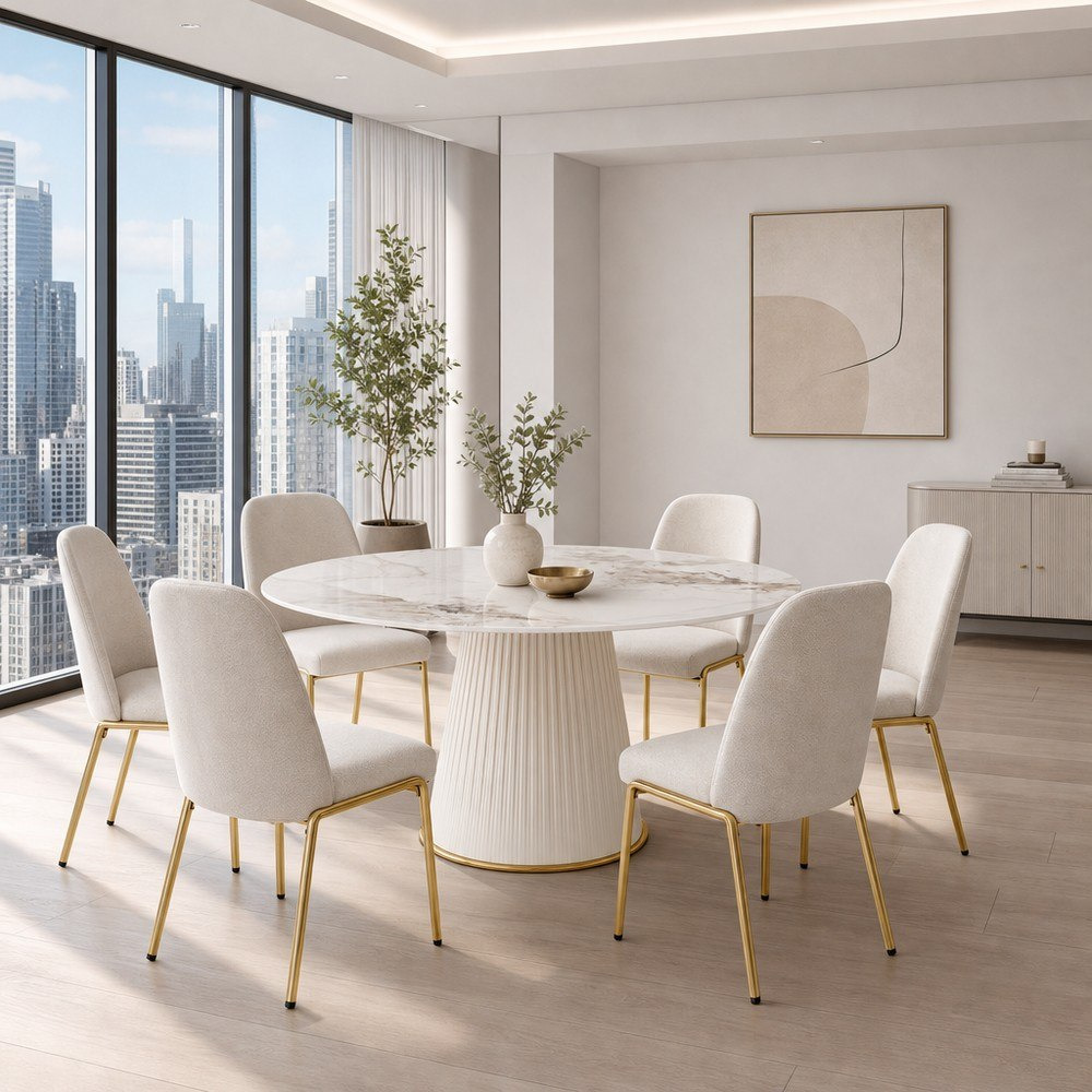 Carmella Pearl Round 6-Seater Sintered Stone Dining Set-hbxfurniture-diningtablesandsets-diningsets-sixseater-image-1