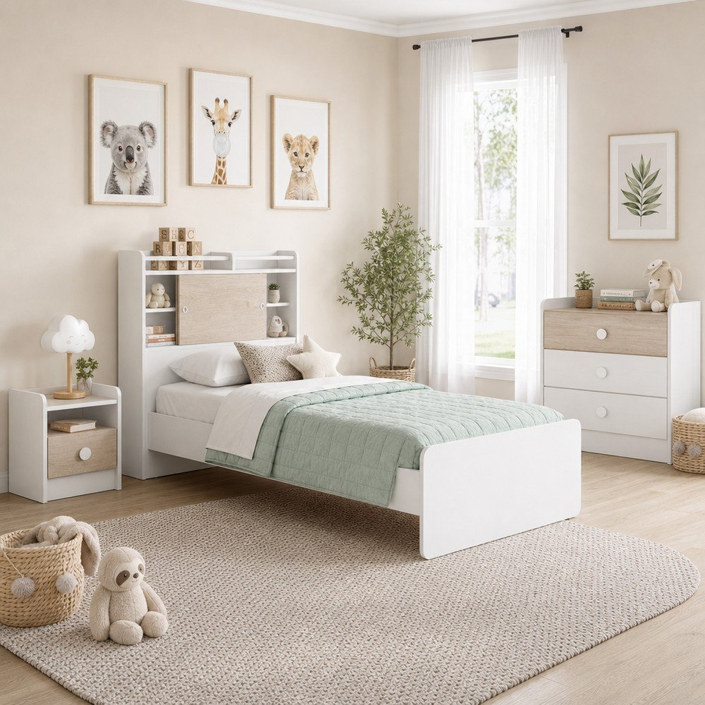 Ivory 3-Piece Kids Sliding Storage Headboard Bedroom Package-hbxkidsandyouth-bedsandbedsets-bedroomsets-single-image-1