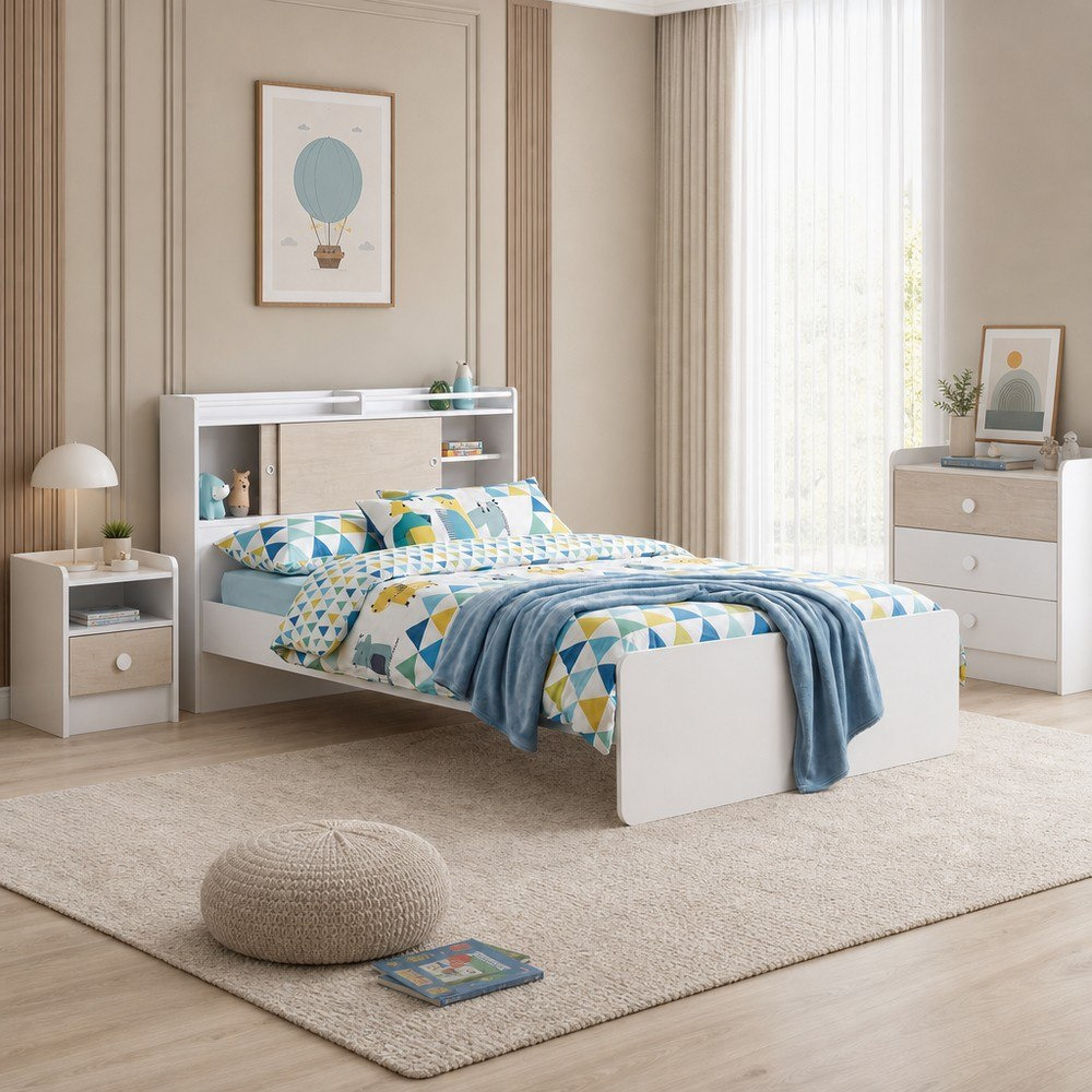 Ivory 3-Piece Kids Twin Sliding Storage Headboard Bedroom Package-hbxfurniture-kidsroom-kidsroomsets-twin-image-1