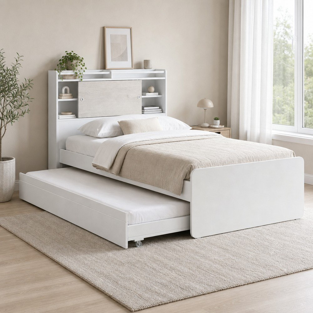Ivory 2-Piece Kids Storage Headboard Bed and Trundle Bedroom Package-hbxfurniture-bedsandbedsets-beds-single-image-1