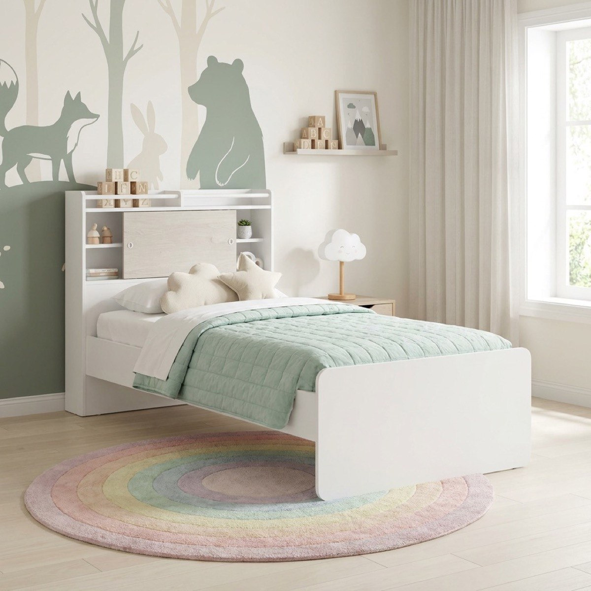 Ivory 2-Piece Kids Storage Headboard Bed and Trundle Bedroom Package-hbxfurniture-bedsandbedsets-beds-single-image-2