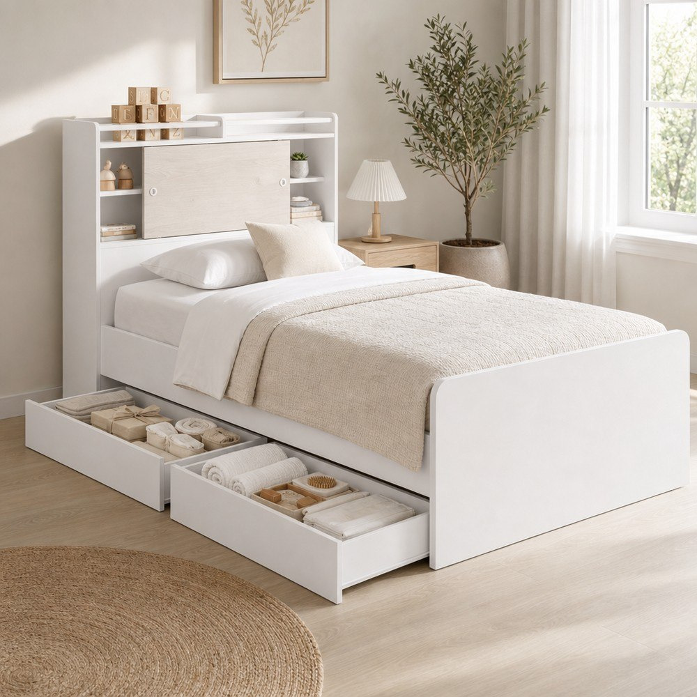 Ivory 3-Piece Kids Storage Headboard Bed and Drawer Bedroom Package-hbxfurniture-bedsandbedsets-beds-single-image-1