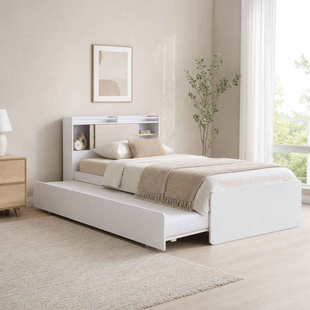 Ivory 2-Piece Kids Storage Headboard Bed and Trundle Bedroom Package-hbxbedroom-bedsandbedsets-beds-twin-image-1