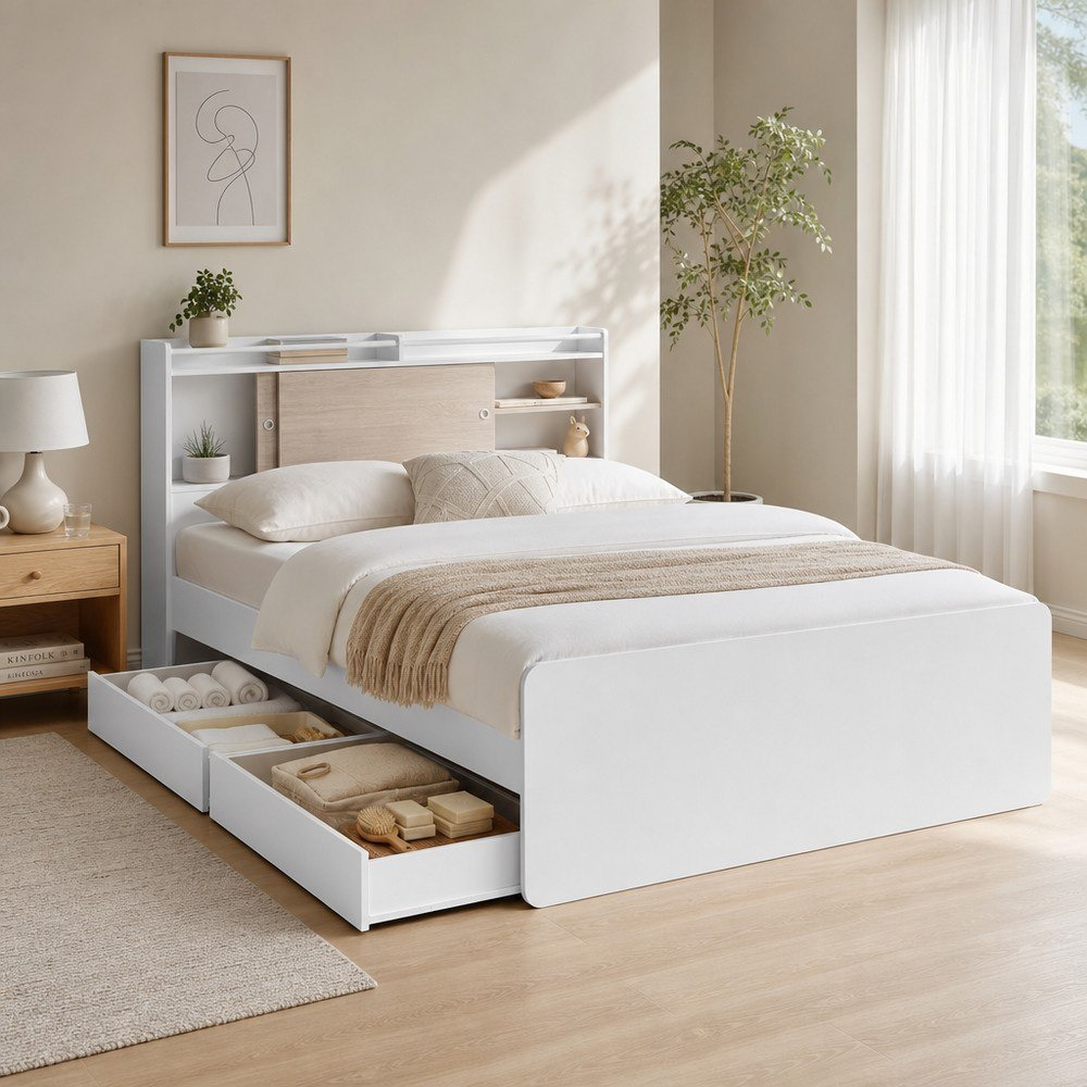 Ivory 3-Piece Kids Storage Headboard Bed and Drawer Bedroom Package-hbxbedroom-bedsandbedsets-beds-twin-image-1