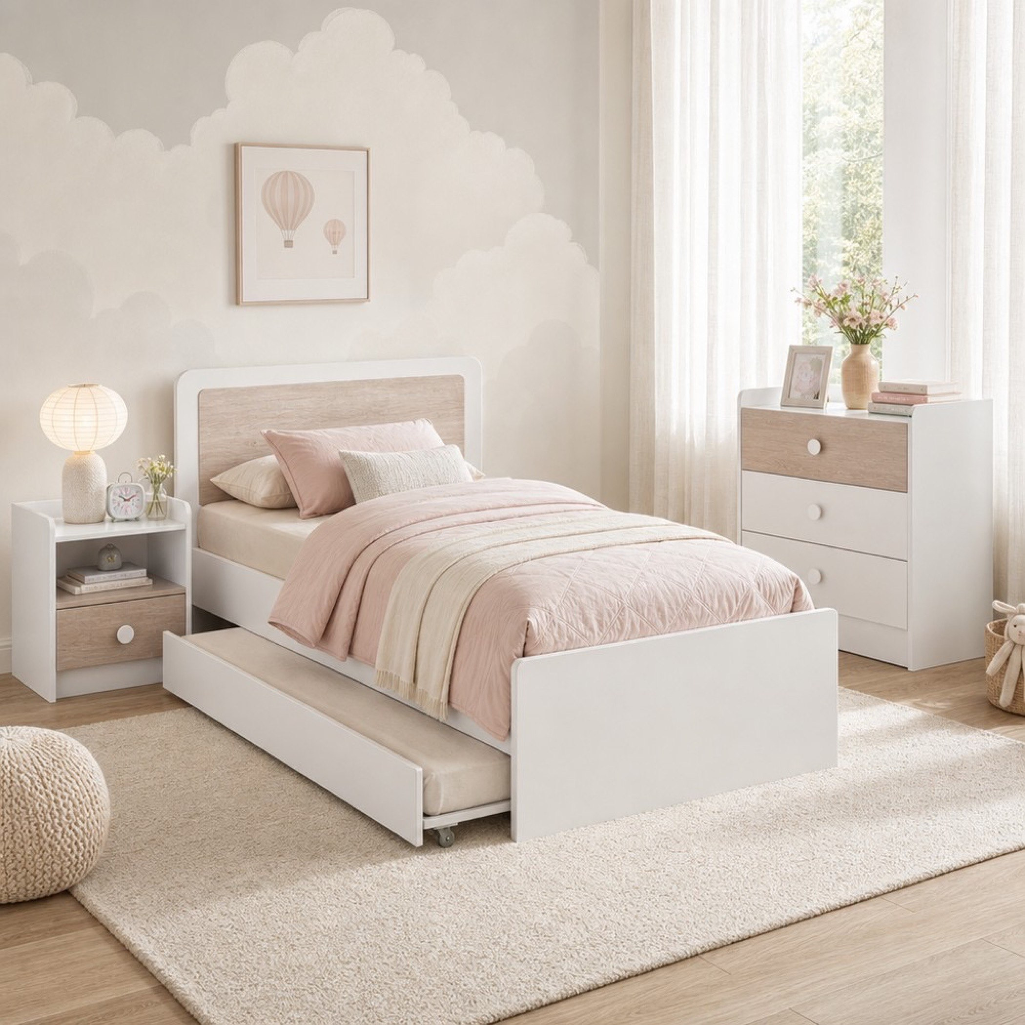 Ivory 4-Piece Single Kids Bed with Trundle Bedroom Package-hbxkidsandyouth-bedsandbedsets-bedroomsets-single-image-1