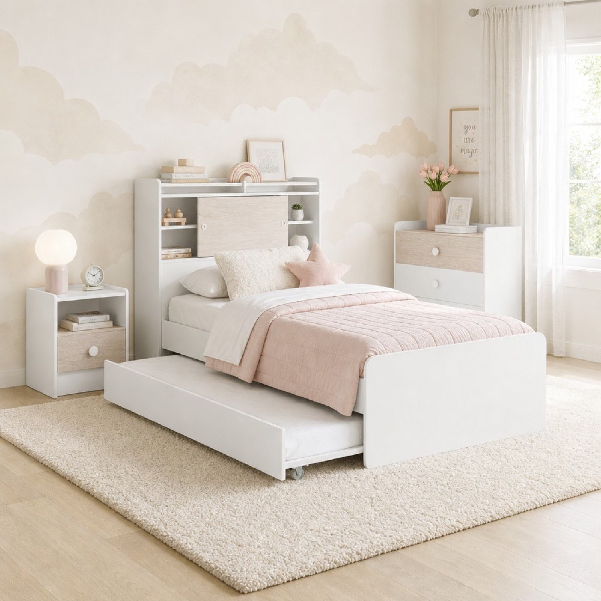 Ivory 4-Piece Single Kids Storage Headboard Bedroom Package with Trundle-hbxkidsandyouth-bedsandbedsets-bedroomsets-single-image-1