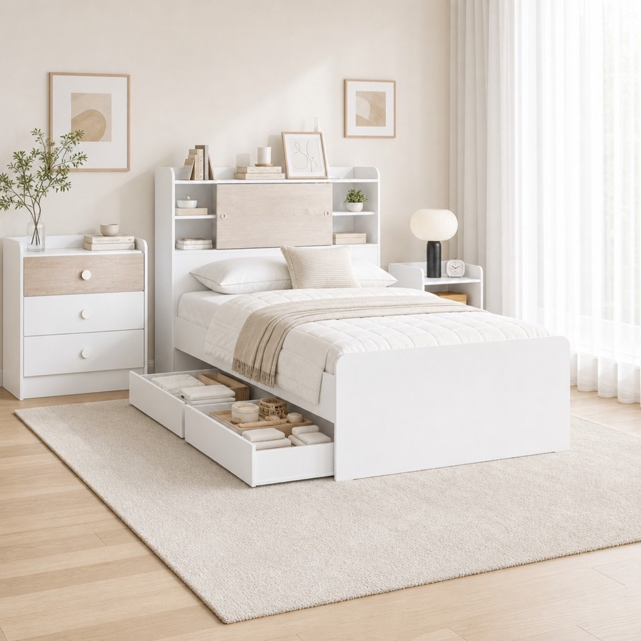 Ivory 5-Piece Single Kids Storage Headboard Bed with Drawers Bedroom Package-hbxkidsandyouth-bedsandbedsets-bedroomsets-single-image-1