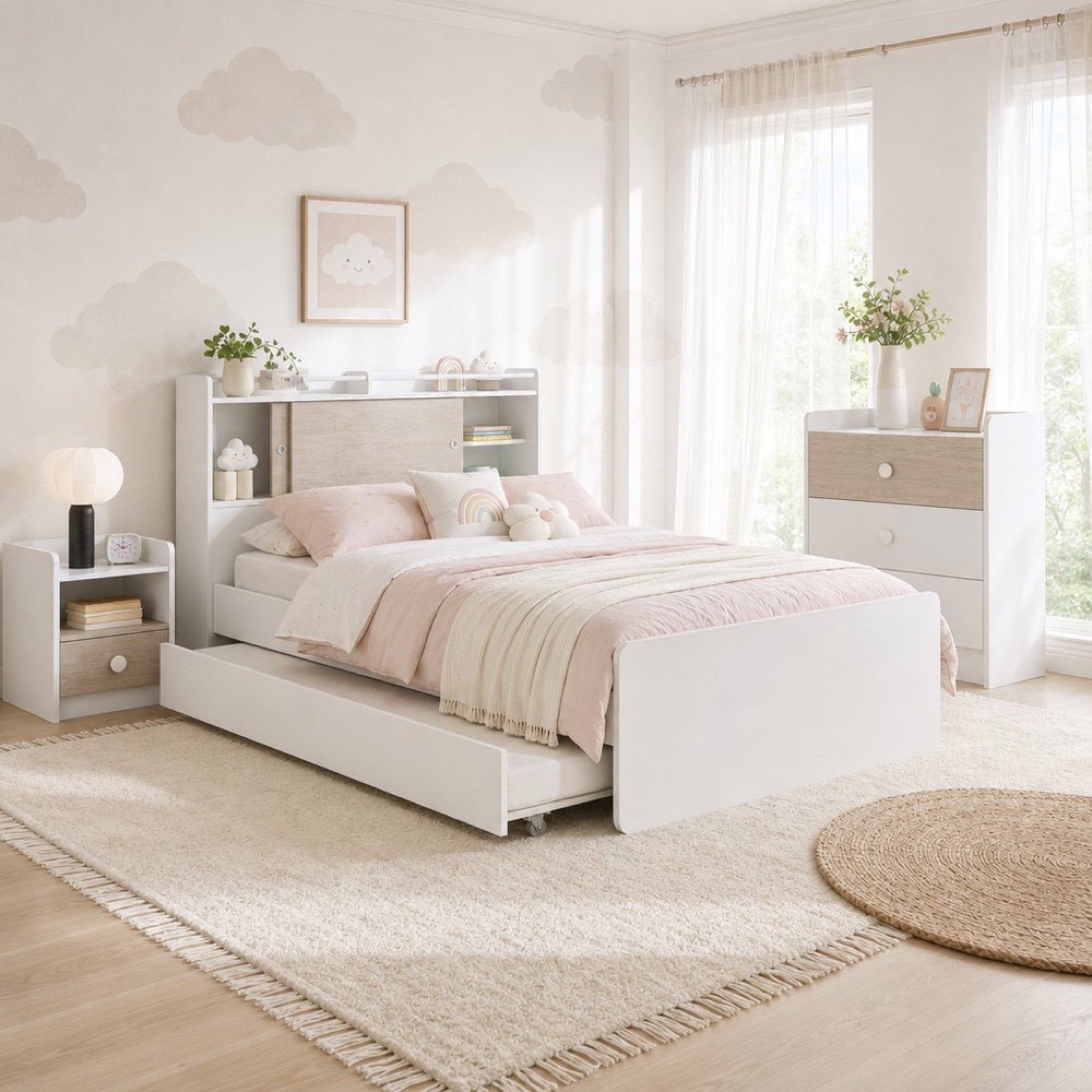 Ivory 4-Piece Twin Kids Storage Headboard Bedroom Package with Trundle-hbxfurniture-kidsroom-kidsroomsets-twin-image-1