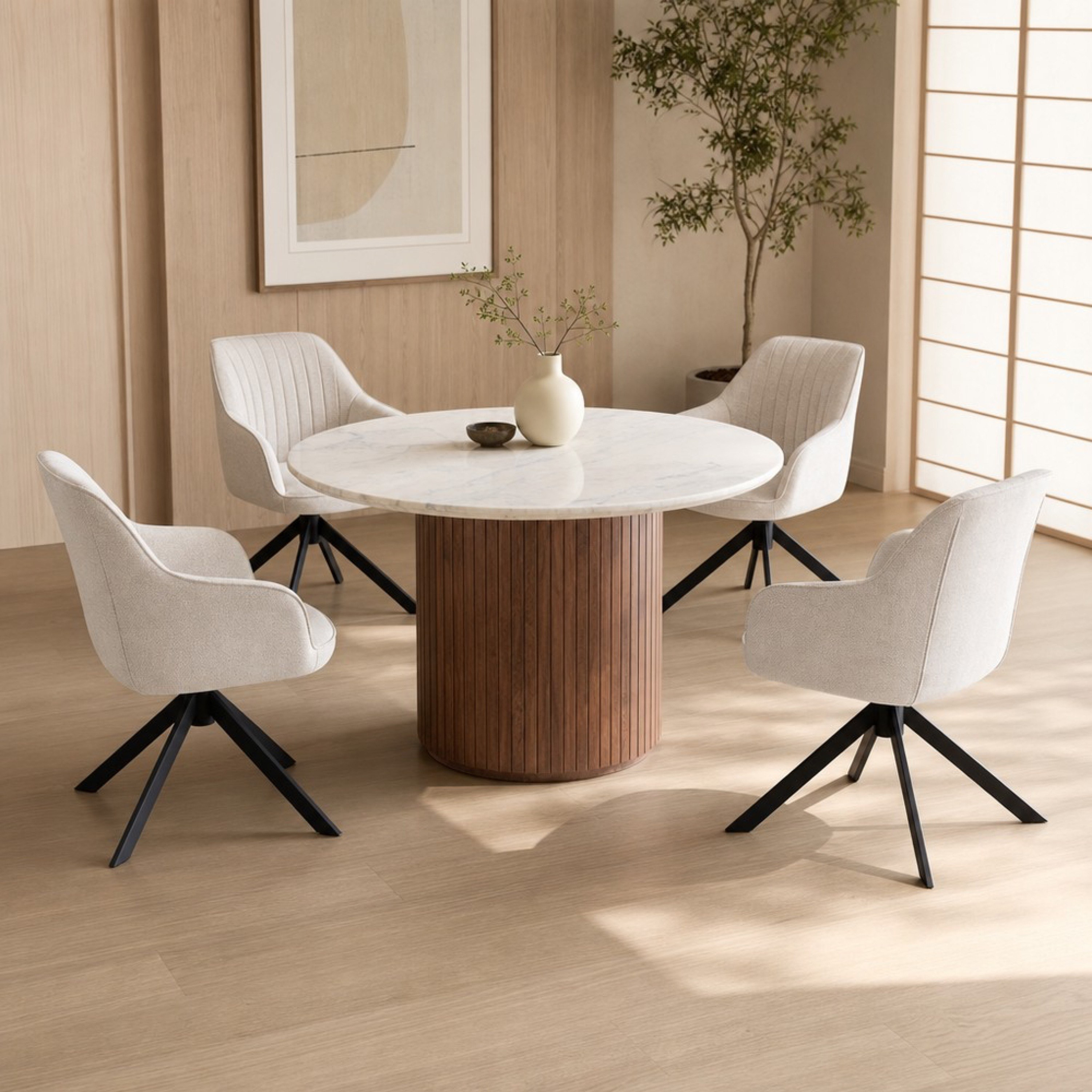 Cavon Fluted Winchester 4-Seater Round Genuine Marble Top Dining Set-hbxdiningroom-diningtablesandsets-diningsets-fourseater-image-1